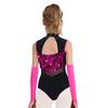 Kids Dance Leotard with Gloves Mock Neck Cutout Back Sparkling Sequins Color Block Performance Outfit