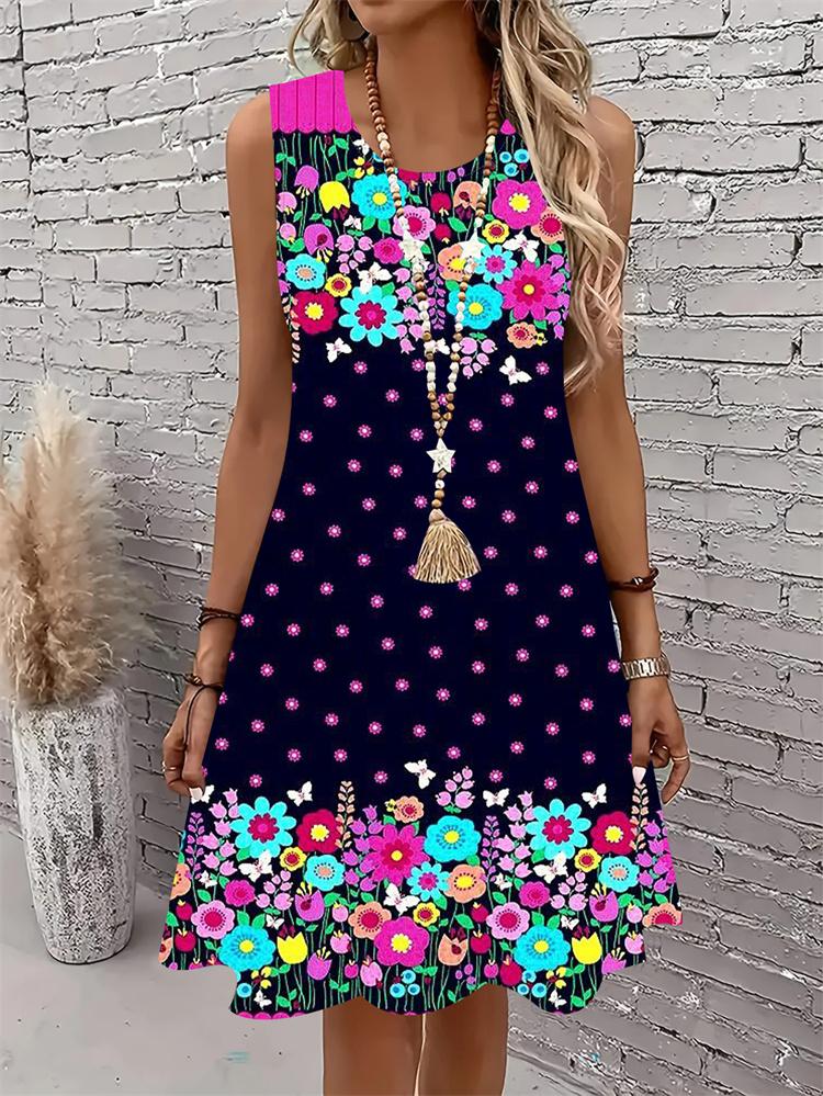 Casual Women Tank Dress Summer Sleeveless O-Neck 3D Print Loose A-Line Dress Beach Vest Dress