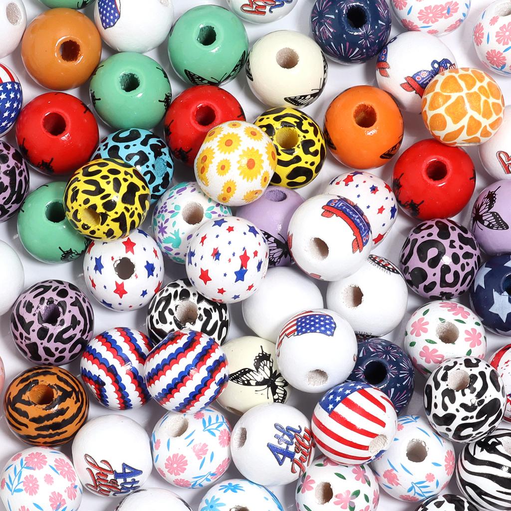 10Pcs 16mm Natural Wooden Beads Colored Butterfly Flower Star Print Spacer Beads For DIY Craft Bracelet Phone Chain Accessories
