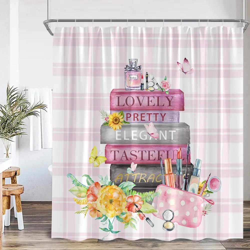 Pink Perfume Bottle Shower Curtain Pink Flower Cosmetic Pattern Bathroom Decoration Modern Fashion Shower Curtain with Hook