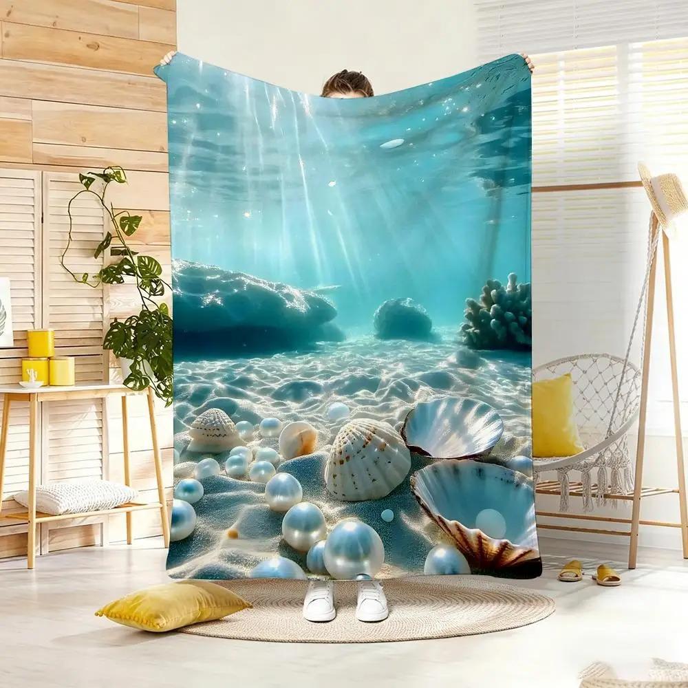 Sunbeam Clear Turquoise Underwater Seabed Print Flannel Blanket, Big Pearl Seashell Coral Sand Soft Fleece Throw Blanket, Light Size: 75*100cm, Weight: 230 GSM
