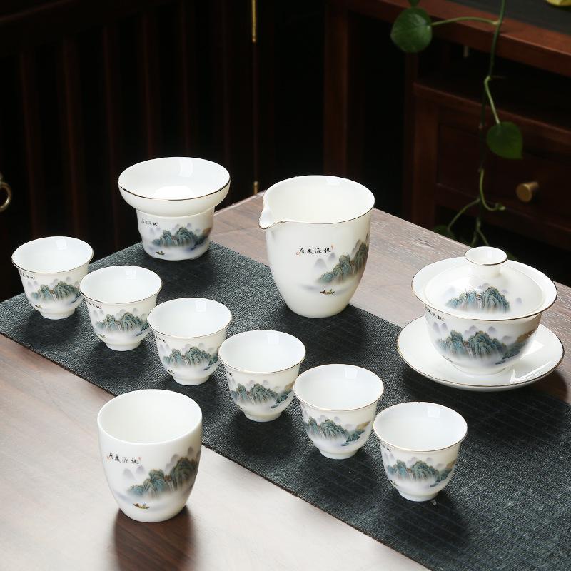 Ceramic suet jade porcelain kung fu tea set with gifts for home use