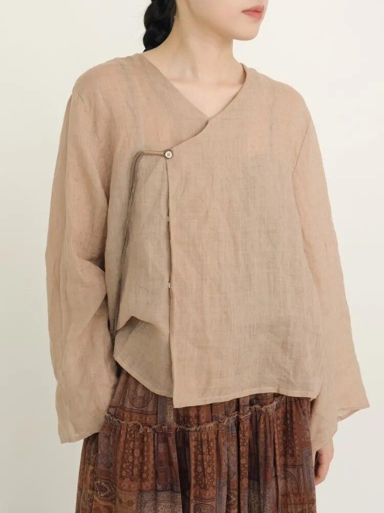 Johnature Camicie vintage da donna in ramia con scollo a V, maniche lunghe, bottoni, camicette autunnali, camicie a tinta unita autunnali