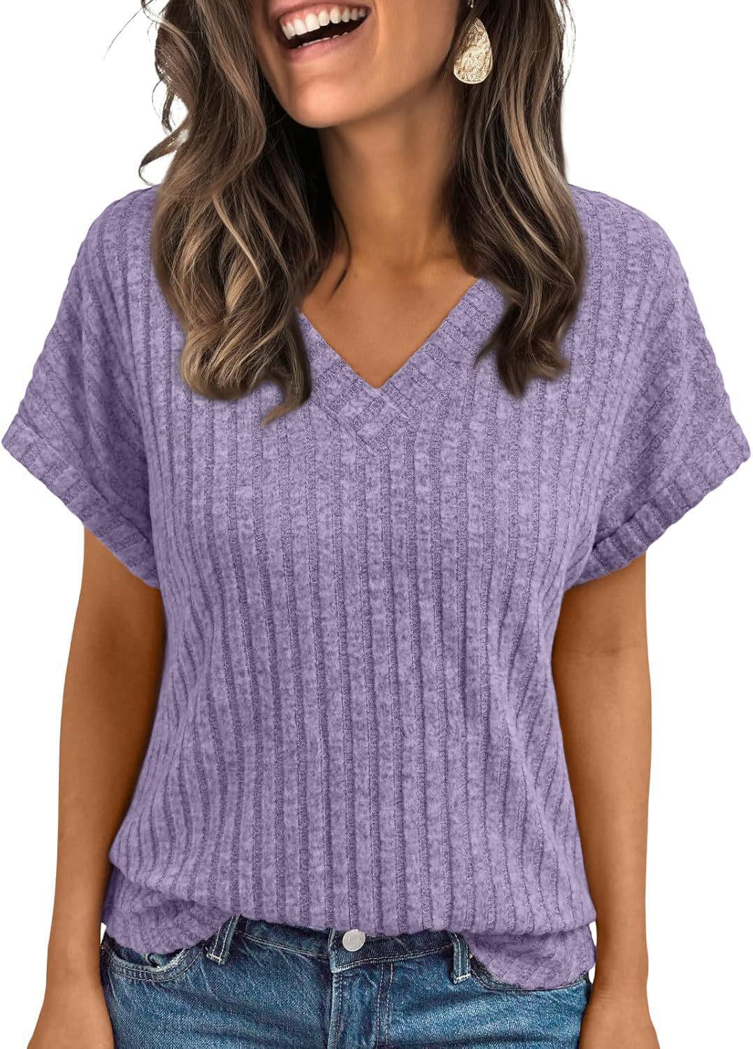 

2026 Summer European & American Plus Size Women s V-neck Casual Brushed Solid Color T-shirt 4XL