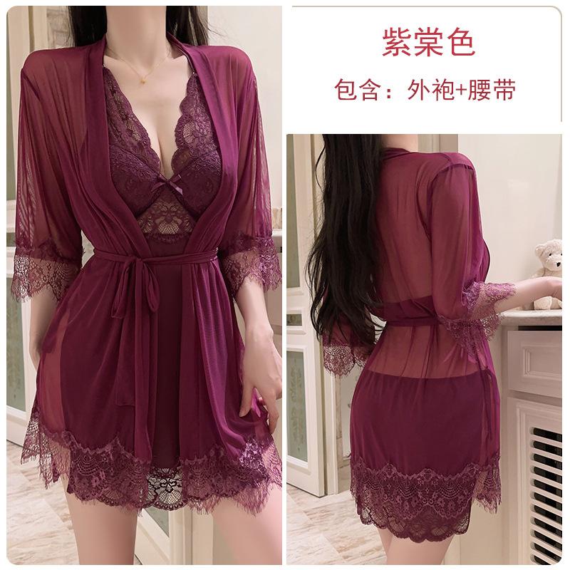 

Pure desire silky satin underwear sweet lace sexy plus chest pad neck nightdress robe women s suit One size fits all