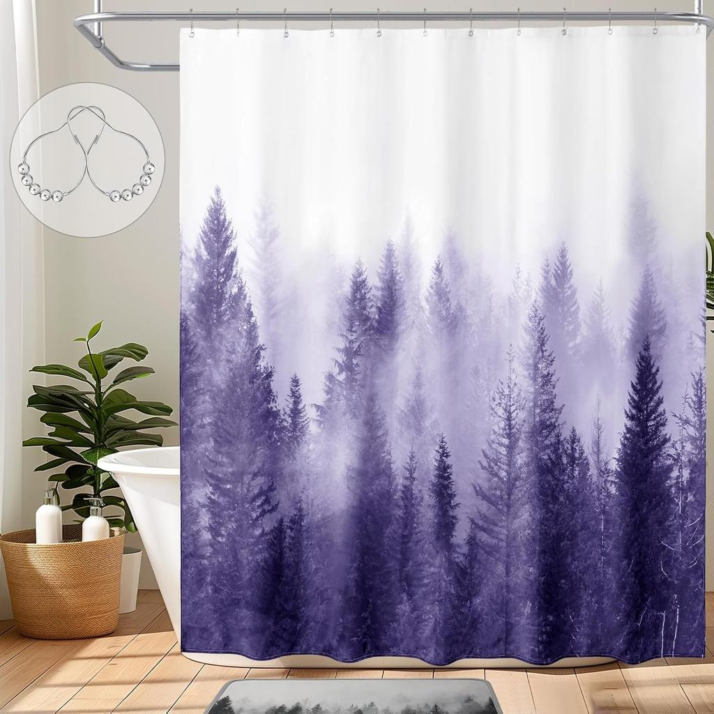 Green Shower Curtain for Bathroom Misty Forest Pattern, Nature Woodland Artistic Shower Curtain Set with Metal Hooks, Waterproof