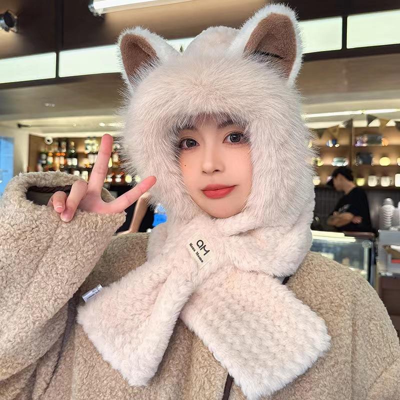 New cute plush hat and scarf two-piece set with fox ears, hat and scarf in one piece