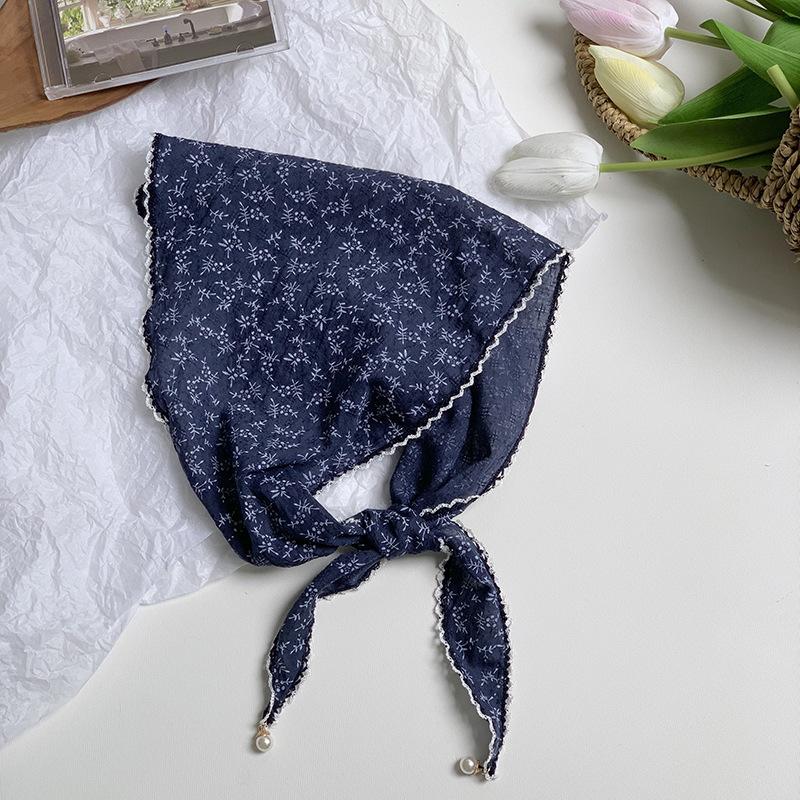 Triangle Scarf Scarf Female Retro Literary Floral Cotton and Linen Neck Protector Decorative Pearl Small Pendant Small Scarf Headband