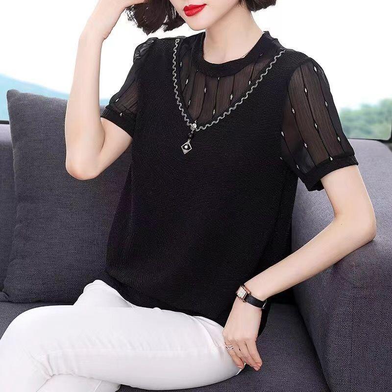 

Летняя блузка свободного кроя с коротким рукавом для мамы 2023 - Модная футболка, скрывающая живот, для женщин среднего возраста XL (Recommended 115-125 jin)