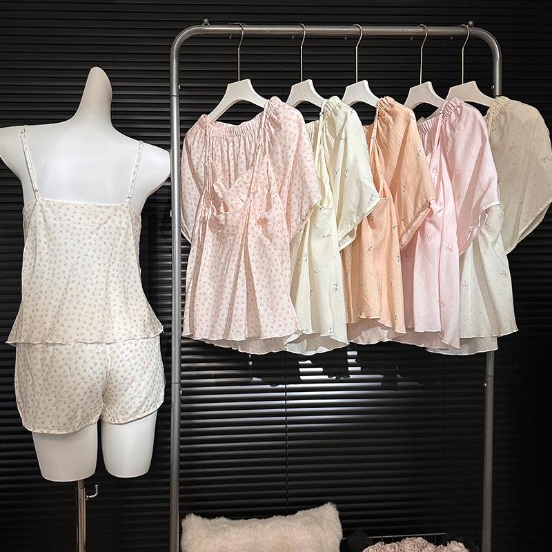 Pink Bow Suspender Ladies Lyocell Pajamas with Chest Pad Sweet Cute Summer Shorts Loungewear Comfortable