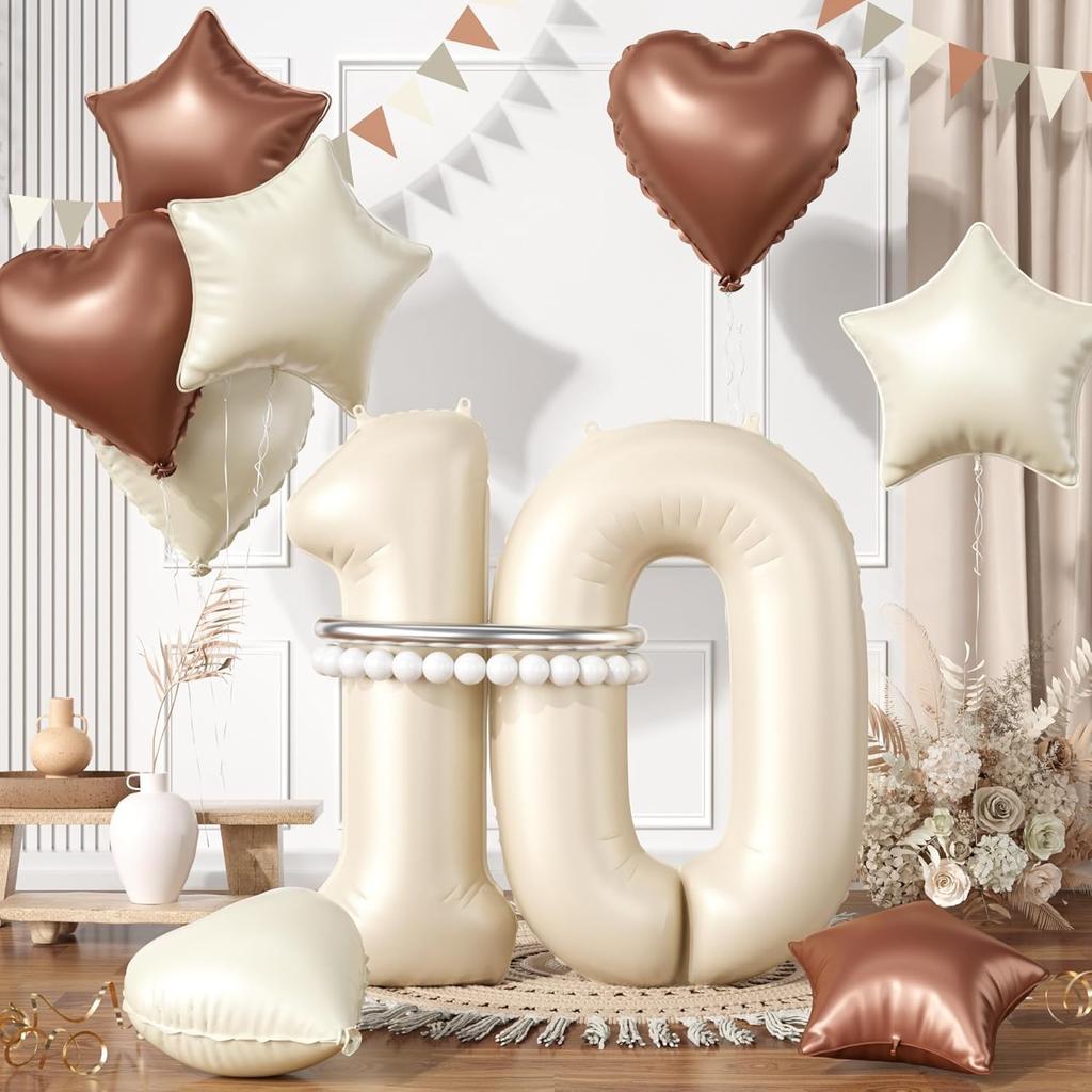 13 Pcs40inch Digital Love Pentagram Aluminum Film Balloon Set 10~21 Years Old Number Cream White Number for Birthday Party Decor