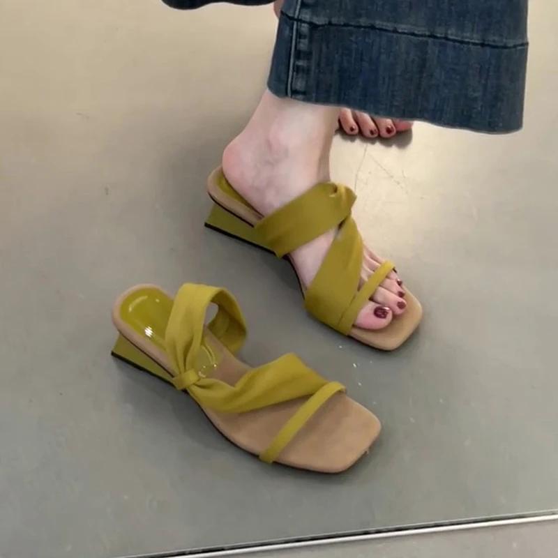 Gladiator Summer Square Toe Women Sandals Fashion Thick Heel Slide Ladies Outdoor Casual Dress Street Style Shoes