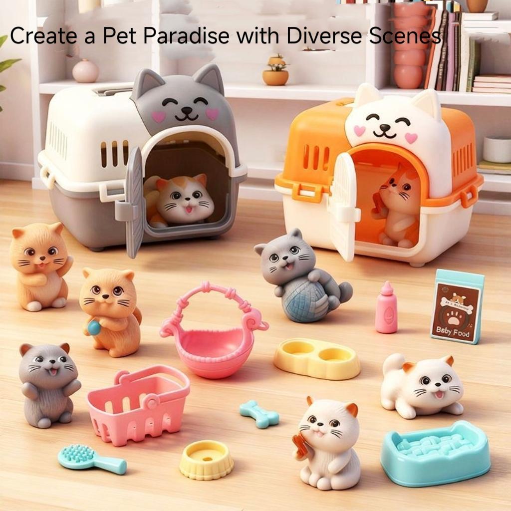 Mini-Tierkatze-Hund-Figur Spielset, Rollenspiel-Tierpflege-Spielzeugset mit Käfig-Futterzubehör für Kinder