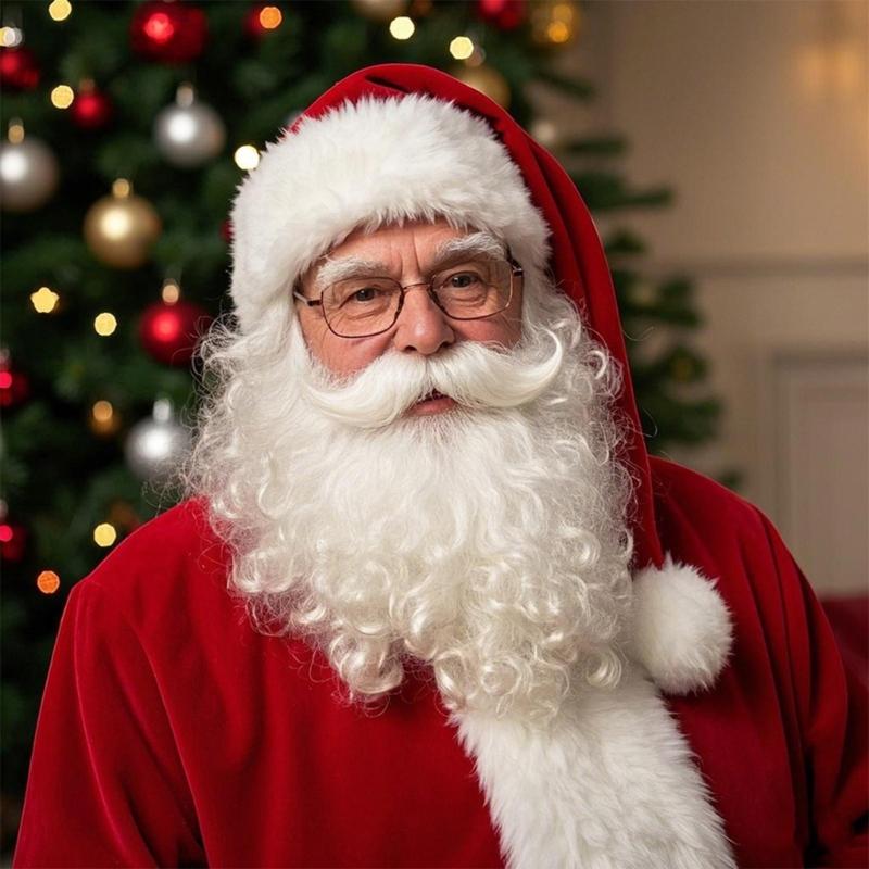 Weihnachtsmann Kostüm Zubehör mit langem weißen Bart und Weihnachtsmütze für Auftritte, Rollenspiele, Cosplay, Party