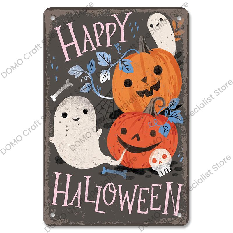 Happy Halloween Retro Poster Metal Plate Jack-O-Lantern Black Cat Witch Metal Tin Signs Vintage Halloween Party Living Room Home