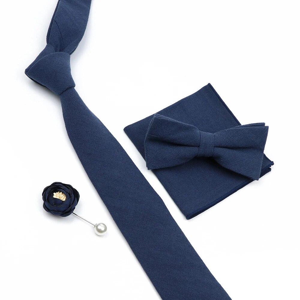 Solid Color Cotton Necktie Set For Men Tie 4pcs Hanky Cufflinks Rhinestone FLoral Brooch Tie Set