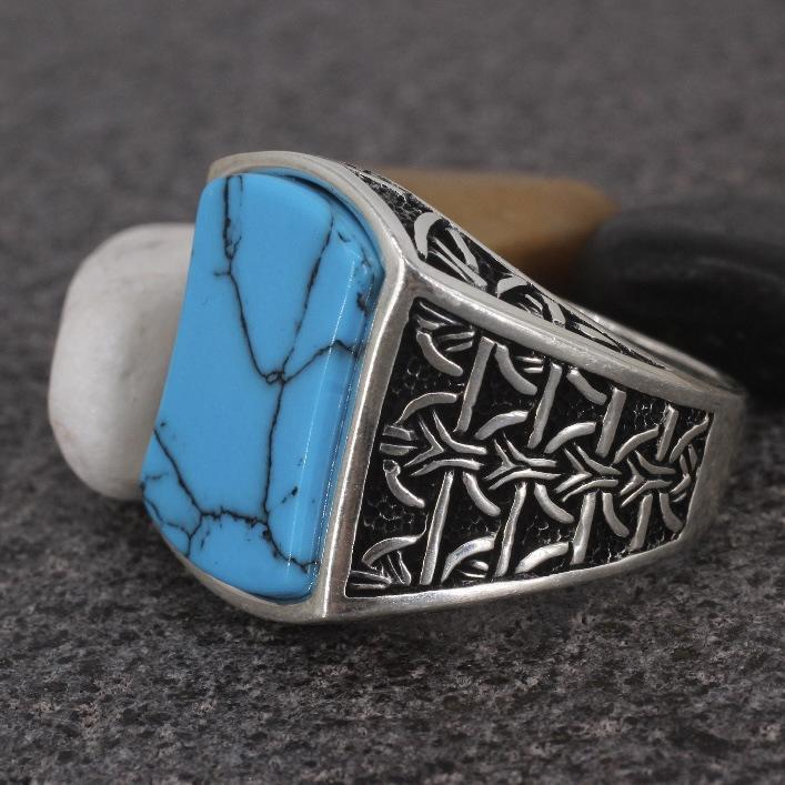 Herrenring, Silberbeschichteter Türkis Herrenring Ring