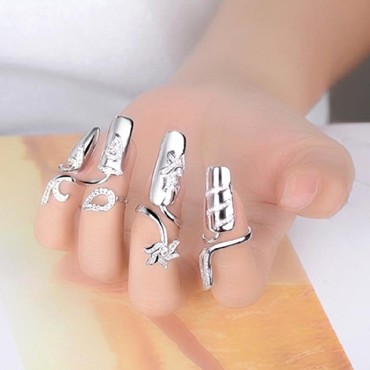 Pack Of 4 Versatile Open Ended Knuckles Rings Rhinestones Nail Rings Fingernail Accessories for Fashion Enthusiasts