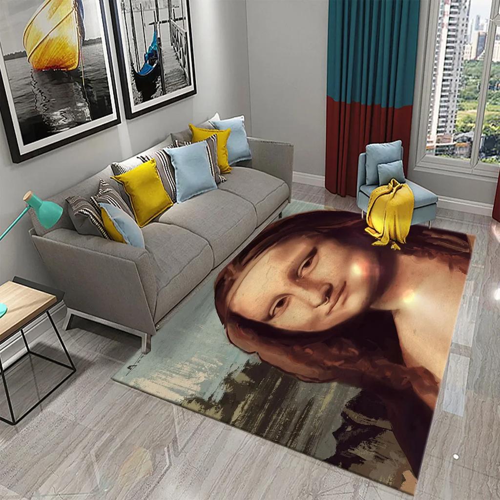 Funny Mona Lisa Oil Painting Carpet Home Decor Painting Mat for Living Room Bedroom Kitchen Bathroom Non-slip Floor Area Mats