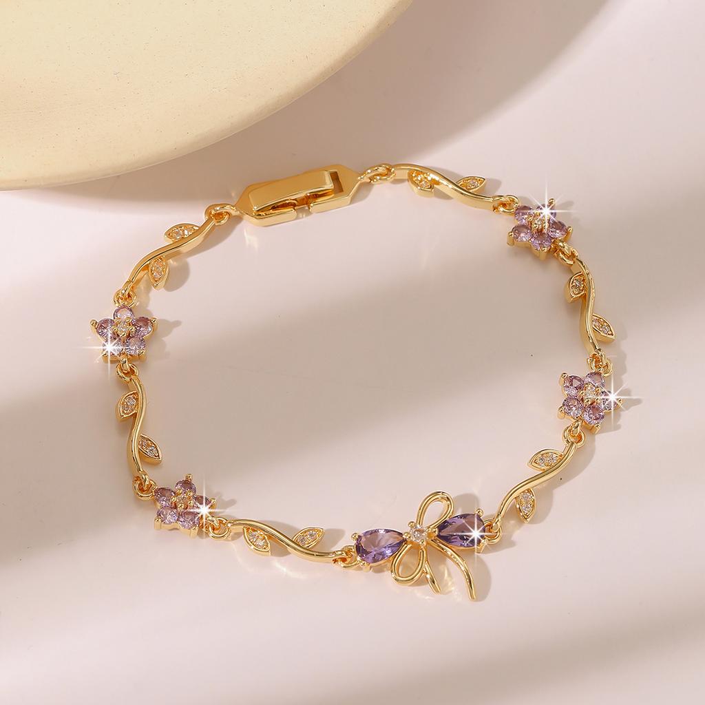 Luxury Gold-Plated Copper Zircon Leaf Bracelet, High Quality Jewelry