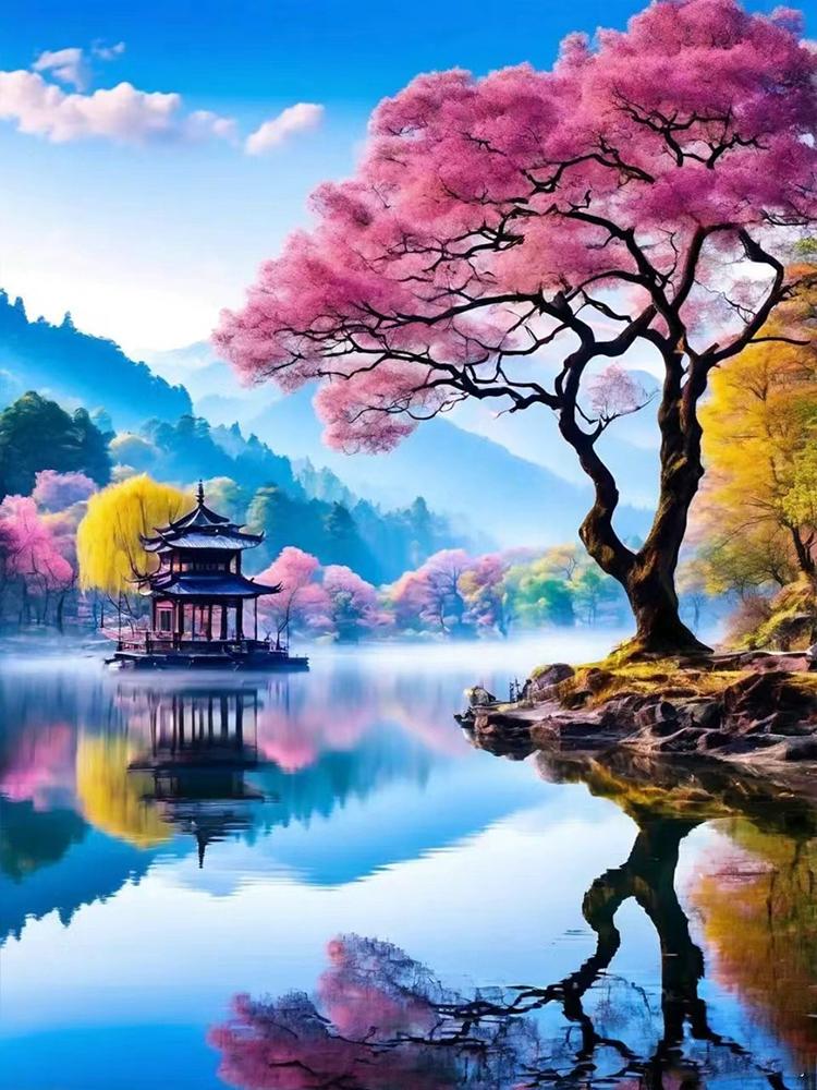 5D DIY Diamond Painting Landscape Mosaic Landscape Mountains and SeasSakura Tree Cross Embroidery Home Wall Art Decoration