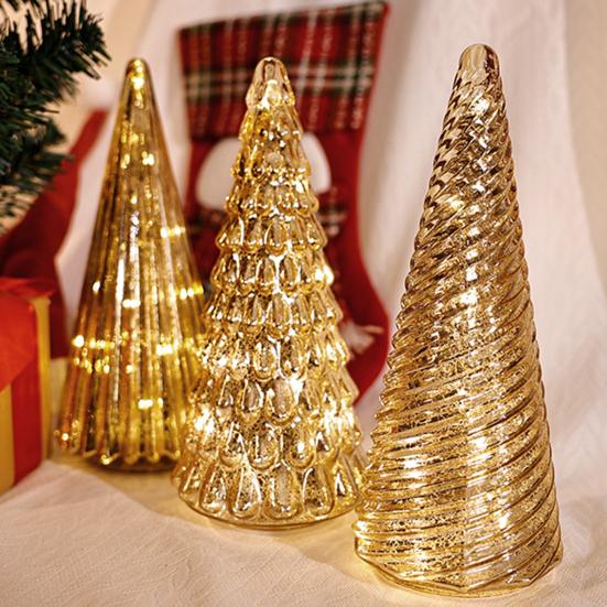 Illuminated Glass Christmas Tree Prelit Christmas Tree Figurine with LED Light Collection Crackled Glass Tree for Xmas Home Party Decor Tabletop