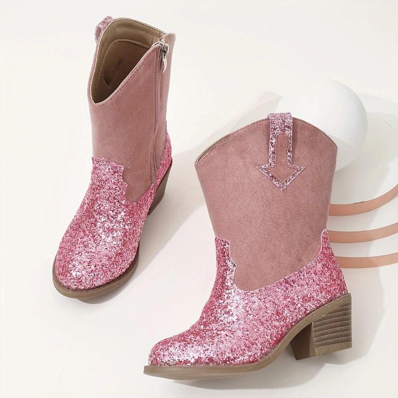 Fashion New Round Toe Block Heel Spliced Rhinestone Side Zipper Single Inside Fashion Boots Versatile Casual Non-Slip Mid-Tube Boots