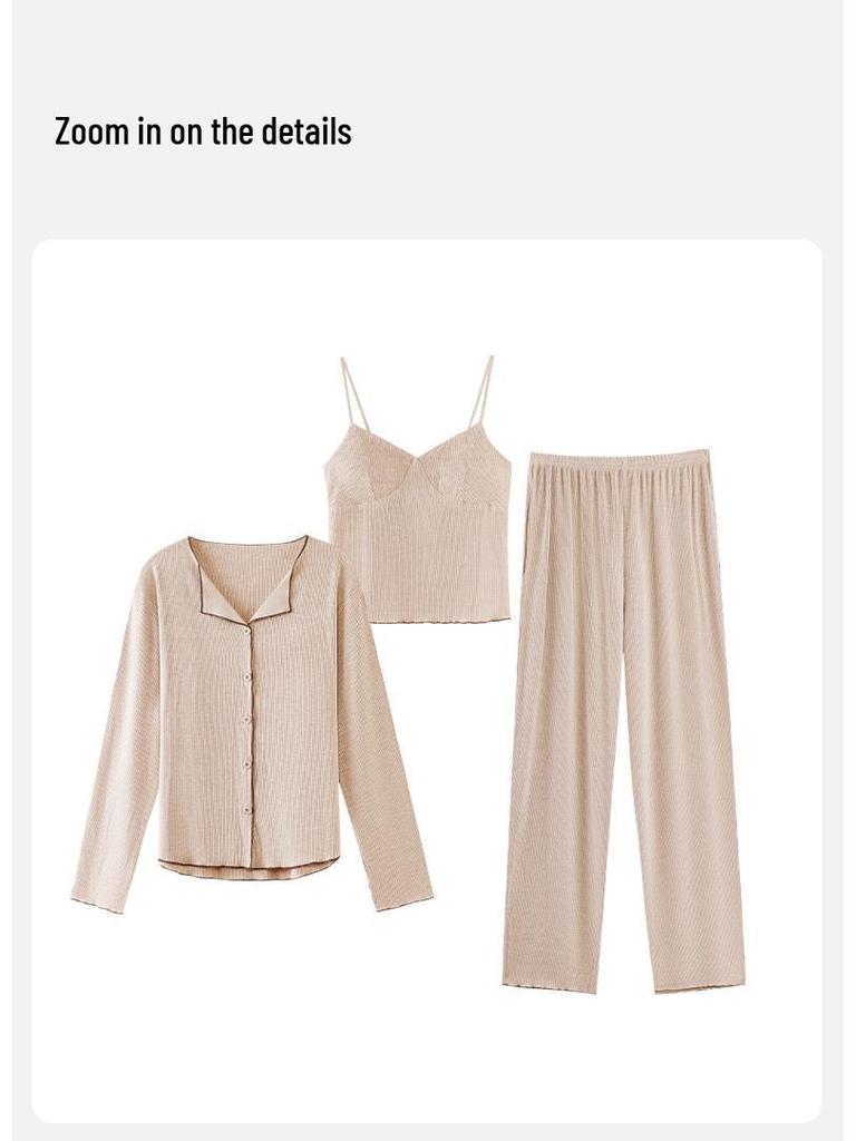 Women's Modal Long Sleeve Pajama Set with Bra Pads, Camisole, and Pants, Fall/Winter 3-Piece Set, Suitable for Outdoors.