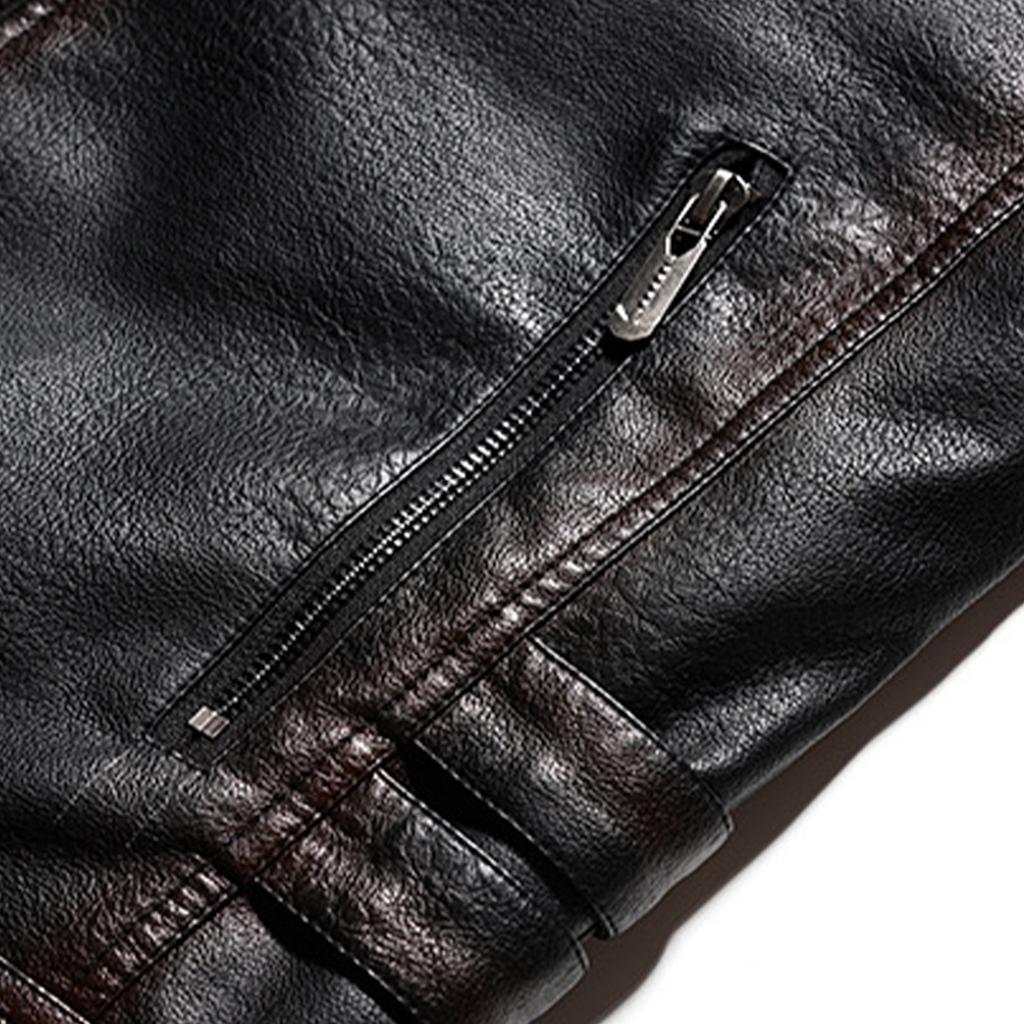 Men's Multi-Pocket Plush Thickened PU Leather Jacket Vintage Business Casual Jacket