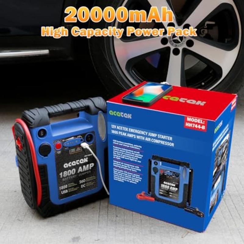 1800A Car Jump Starter with Air Compressor 20000mAh 12V Battery Pack Booster 6.0L Gas/Diesel 260 PSI Tire Pump Multi-Function J
