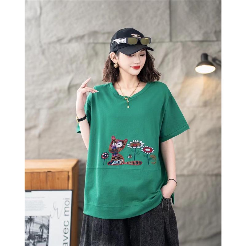 

Women s Plus Size Embroidered Crew Neck Cotton T-Shirt - Short Sleeve Casual Summer Top One Size зелёный