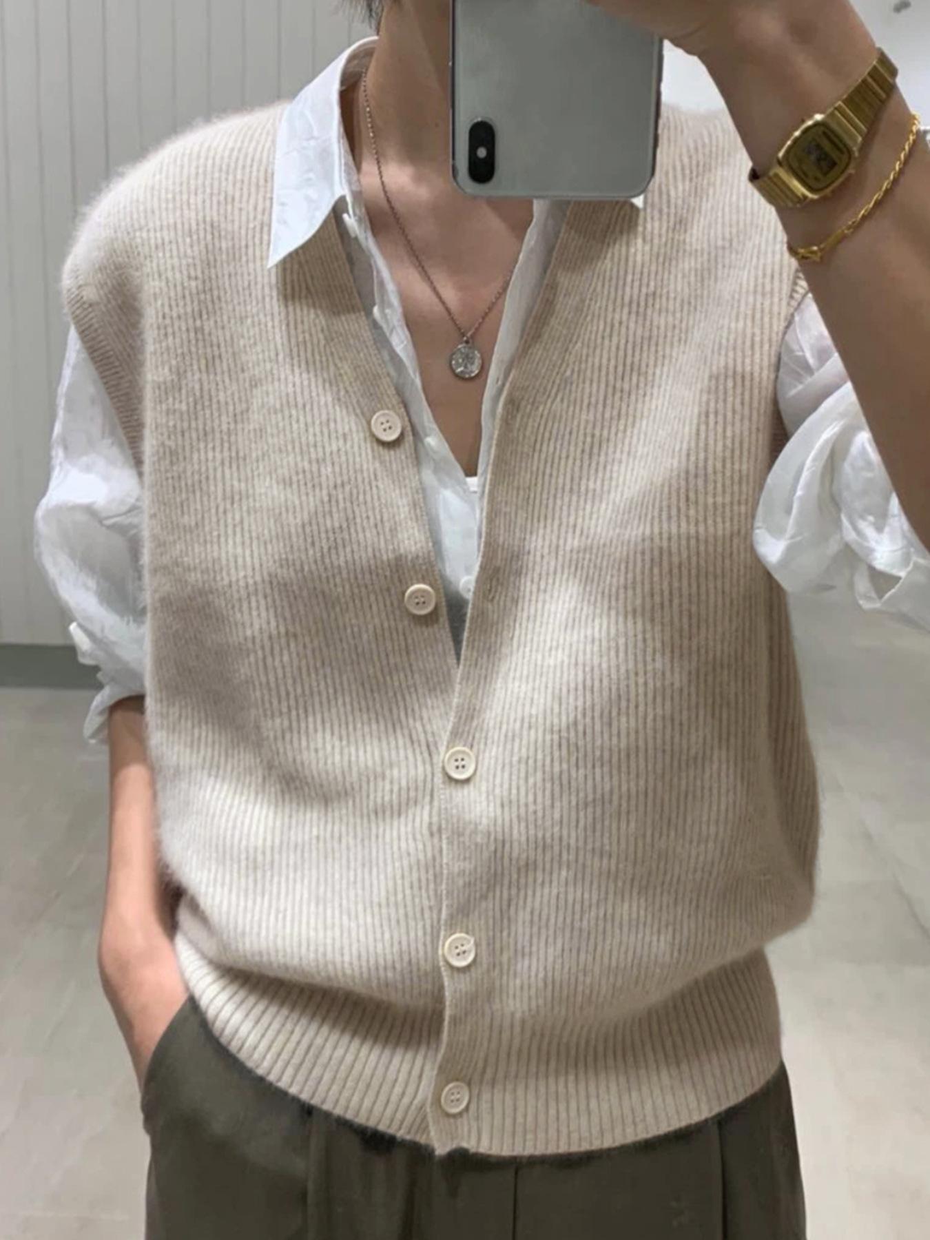 Damen V-Ausschnitt Knopfleiste Strickweste Ärmellos Gerippter Cardigan Pullover Einfarbig Lässig Herbst Oberteil M