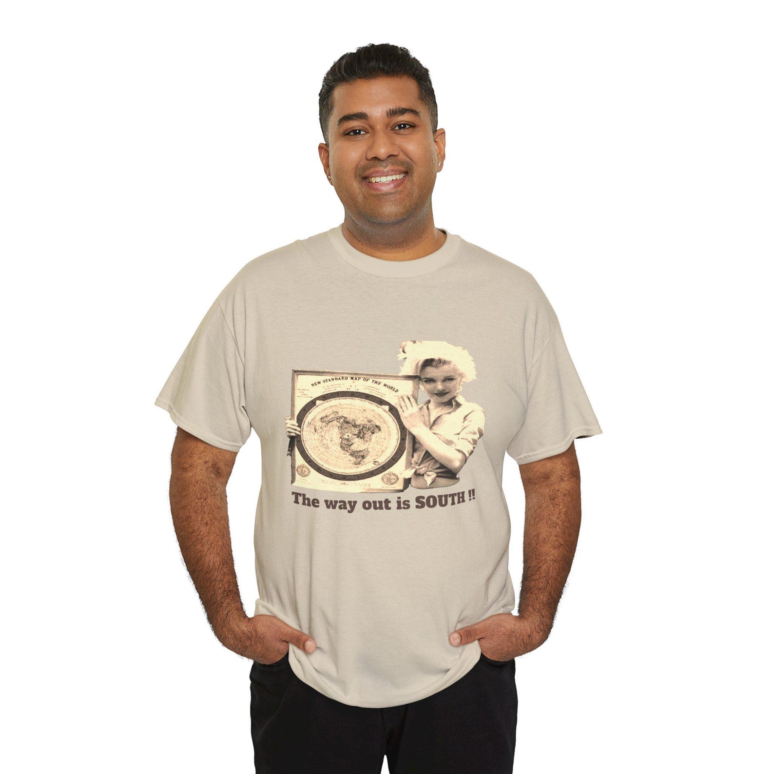 The Way Out Is SOUTH Flat Earth Tee,MM Holding Map XL