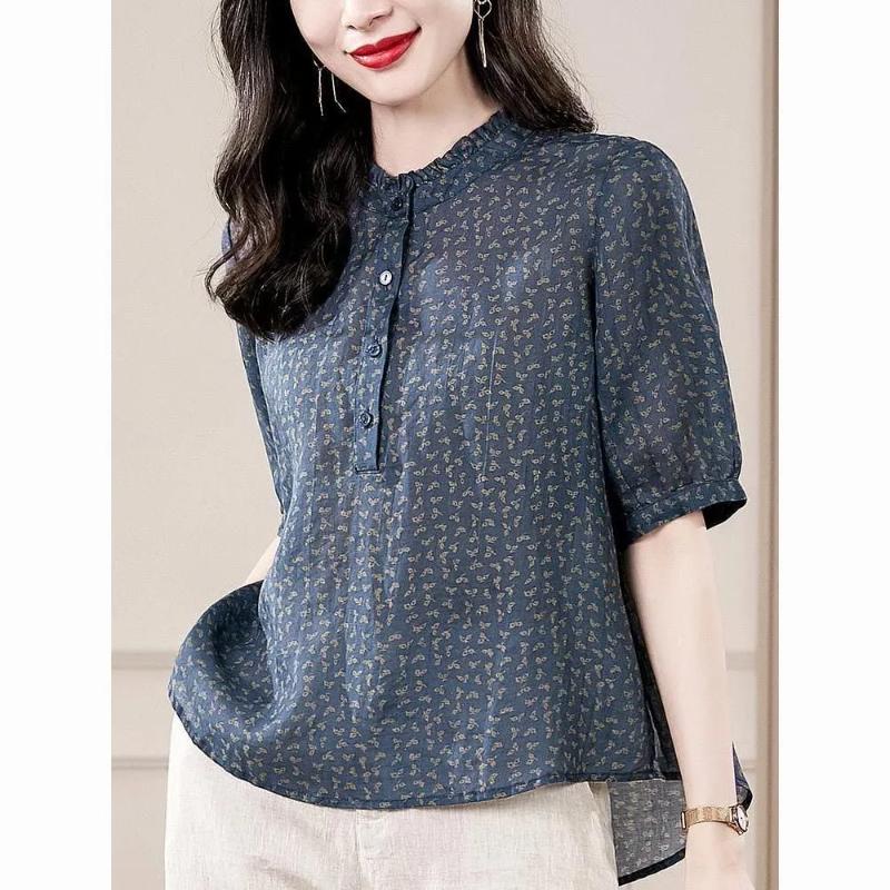 

Универсальная ретро-рубашка с пятью рукавами для летней женской одежды, элегантный топ с цветочным принтом, стройнящий, для женщин среднего возраста L синий