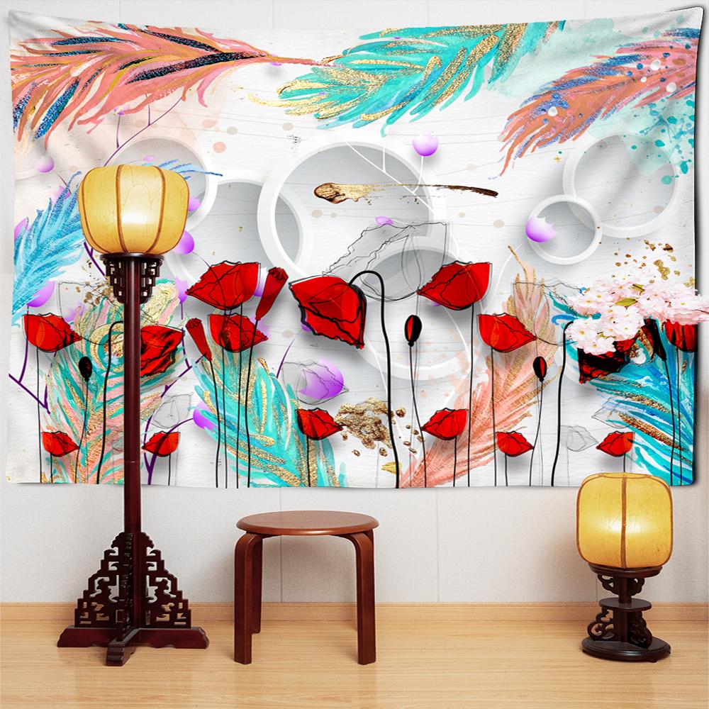 Colorful Bright Flowers Feather Tapestry 2020Modern Art Style Decor Psychedelic Boho Home Decor Wall Hanging Yoga Mat Shawl