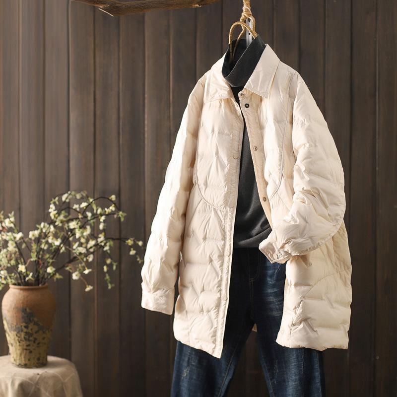 Shirt collar light down jacket women's new winter medium and long white duck down simple loose coat