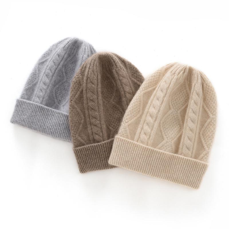 Kids' Medium/Large College Style Cashmere Wool Hat - Diamond Pattern, Solid Color, Autumn/Winter Warm Heavy Knit
