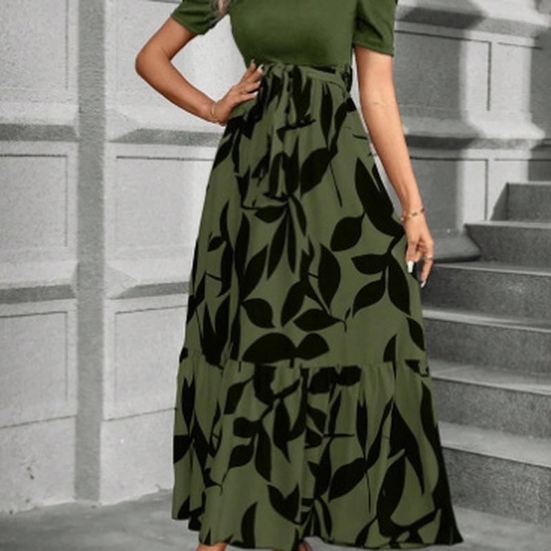 Women Clothing Spring and Summer Print Round Neck Maxi Dress Vacation Elegant