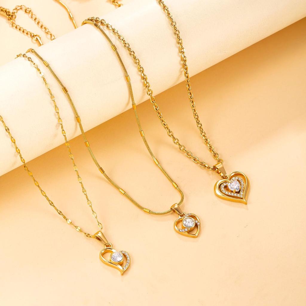 18K Gold Plated Heart Pendant Necklace with Diamonds, Stainless Steel, Colorfast Jewelry