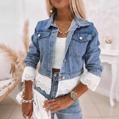 Women's Turn Down Collar Long Sleeve Denim Jacket Regular Fit Eyelet Lace Spliced Cuff Hem Non Stretch Streetwear Cropped Outercoat