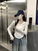 Autumn/Winter Korean Style Slim V-neck Pleated Solid Long-sleeve T-shirt