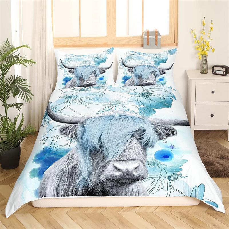 

Пододеяльник с изображением коровы в стиле хайленд-коула, комплект постельного белья Western Farm Animal Full King для мальчиков и девочек, микрофибра, цветочный постельный комплект с изображением быка и крупного рогатого скота EU single(135x200cm)
