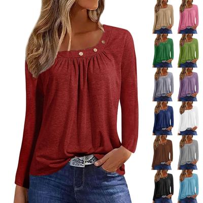 Blusas de manga comprida para mulheres Casual O-pescoço Botão Down Camisa Blusa Sólida Tops Solto Ajuste Outono Camisa Top