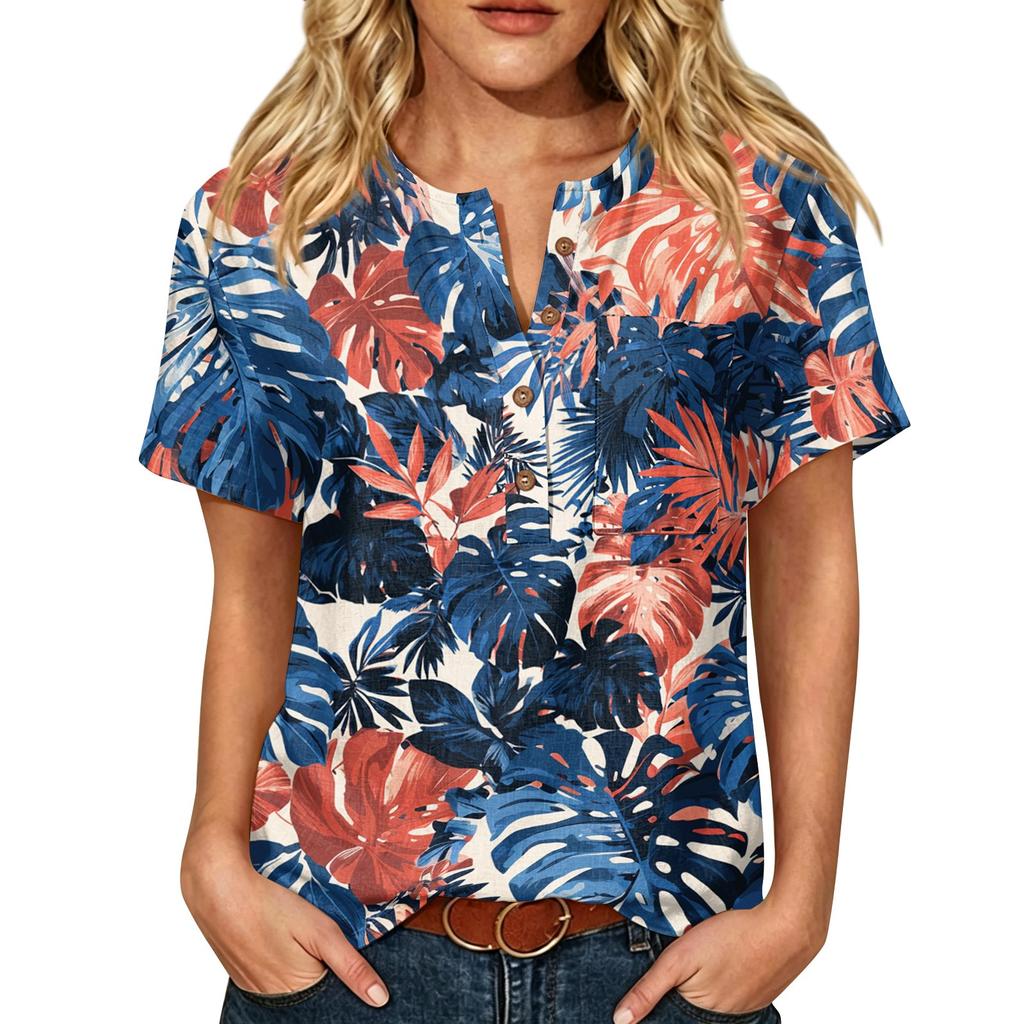 Damen Freizeit Hemd mit Print, Henley-Knopfleiste, kurzen Ärmeln, Baumwoll-Leinen-Mischung und Brusttasche für den Sommerlichen Alltagsgebrauch