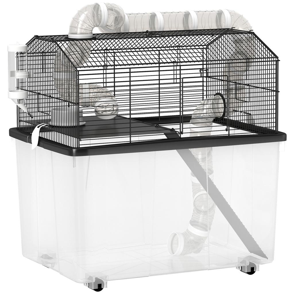Two-Tier Hamster Cage with Wheels, Tubes, Bowl, Bottle and Ramp, 58x43x57 cm, Black