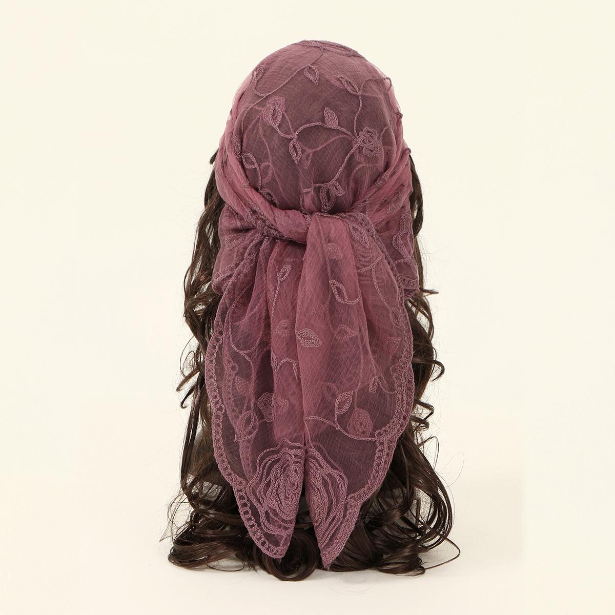 

80cm Lace Flower Embroidery Square Scarf Organza Solid Color Muslim Hijab Summer Sunscreen UV Protection Headband Femme Turban