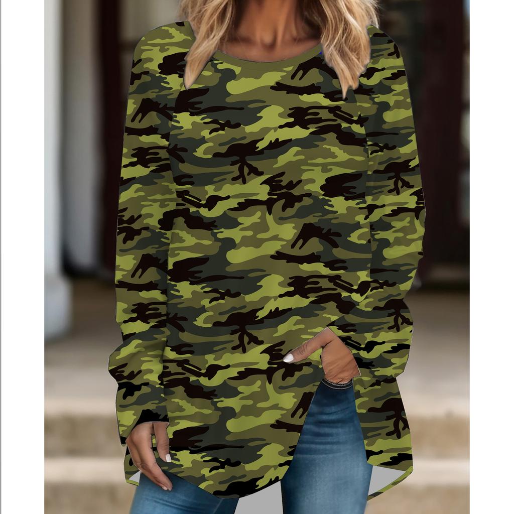 Plus Size Women Fashionable Personality  Leopard Printed Comfy Long Sleeve Round Collar T-shirt Casual Baggy Mid Length Tee Tops