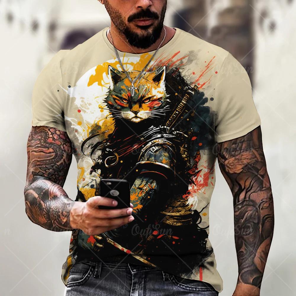 Men's T Shirts Japanese Samurai Cat Printed T-Shirt Funny 3D Animal Graphic T-Shirts  Casual O-neck Loose Tops Short Sleeve Tee