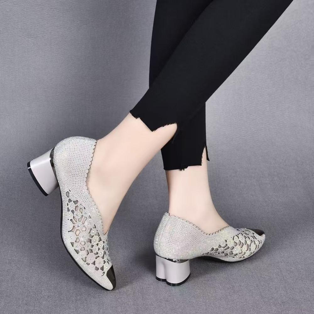 Women Heels Fashion Single Shoes Womens Shoes New Style Rhinestone High Heels Pointed Mesh Hollow Out Fashion Shoes for Women
