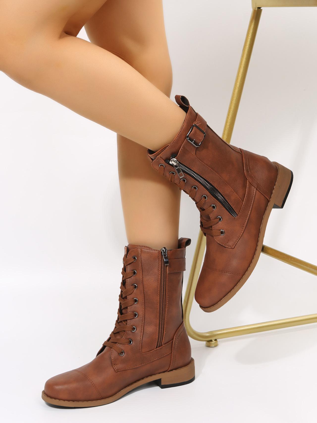 

Women s boots 2025 autumn and winter new retro large size round head low heel chimney locomotive women s boots 43 светло-коричневого